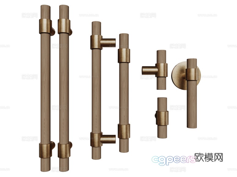 A Collection Of Gold And Wood Door Handles 3D Model - 7666 - CORONA Render