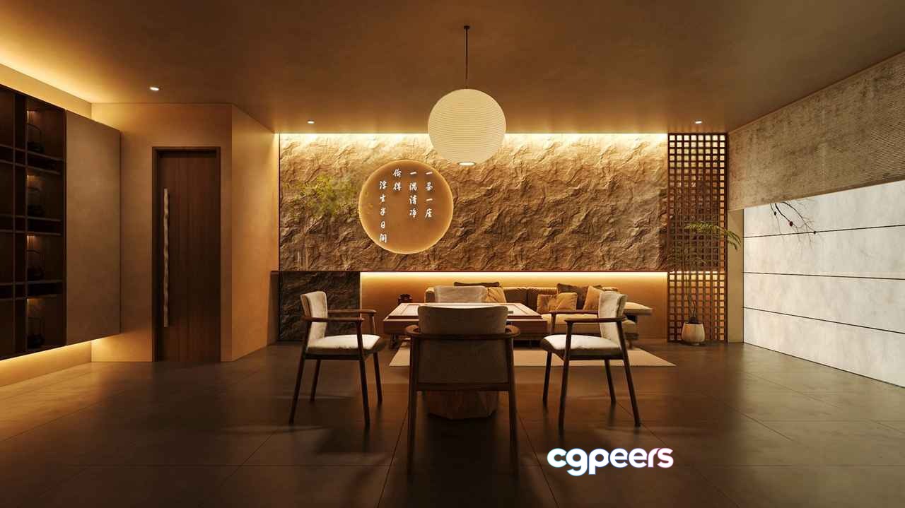 Modern Asian-Style Dining Room 3D Model - 8878 - VRAY Render