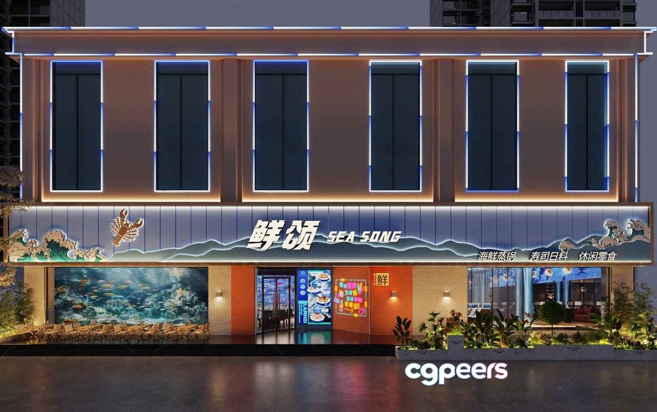 The Main Subject Is A Building With A Sign That Says Sea Song 3D Model - 17957 - VRAY Render