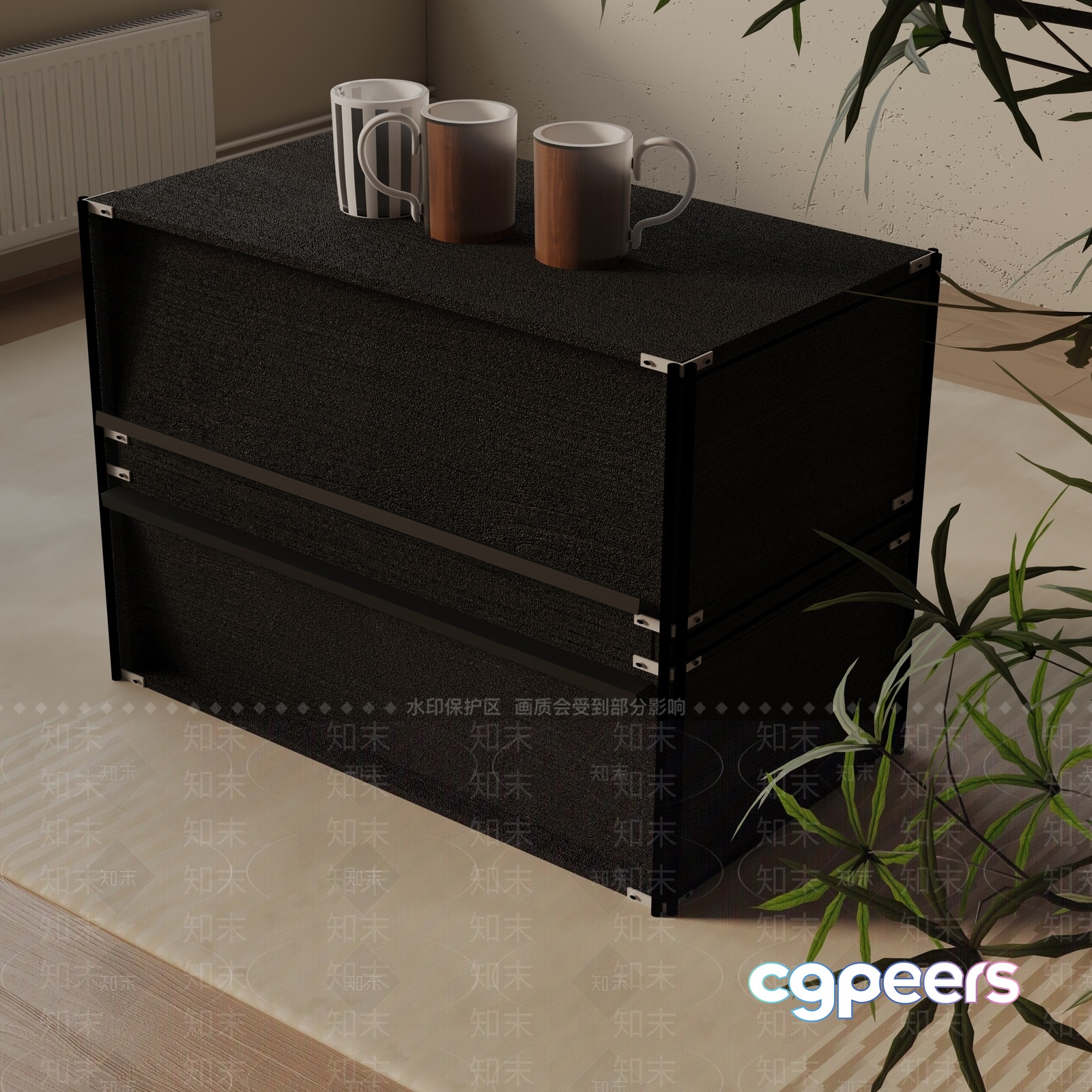 A Black Table With Four Mugs On It 3D Model - 20749 - VRAY Render