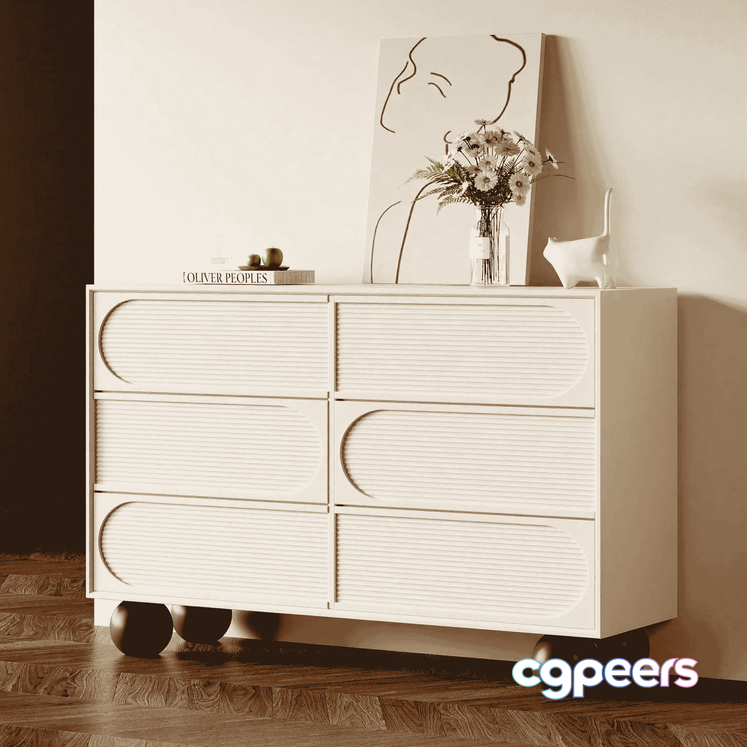 A White Dresser With Ball Feet 3D Model - 15502 - VRAY Render