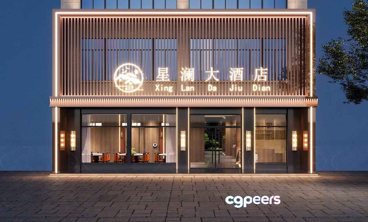 The Main Subject Is A Building With Chinese Characters And A Sign 3D Model - 18772 - CORONA Render