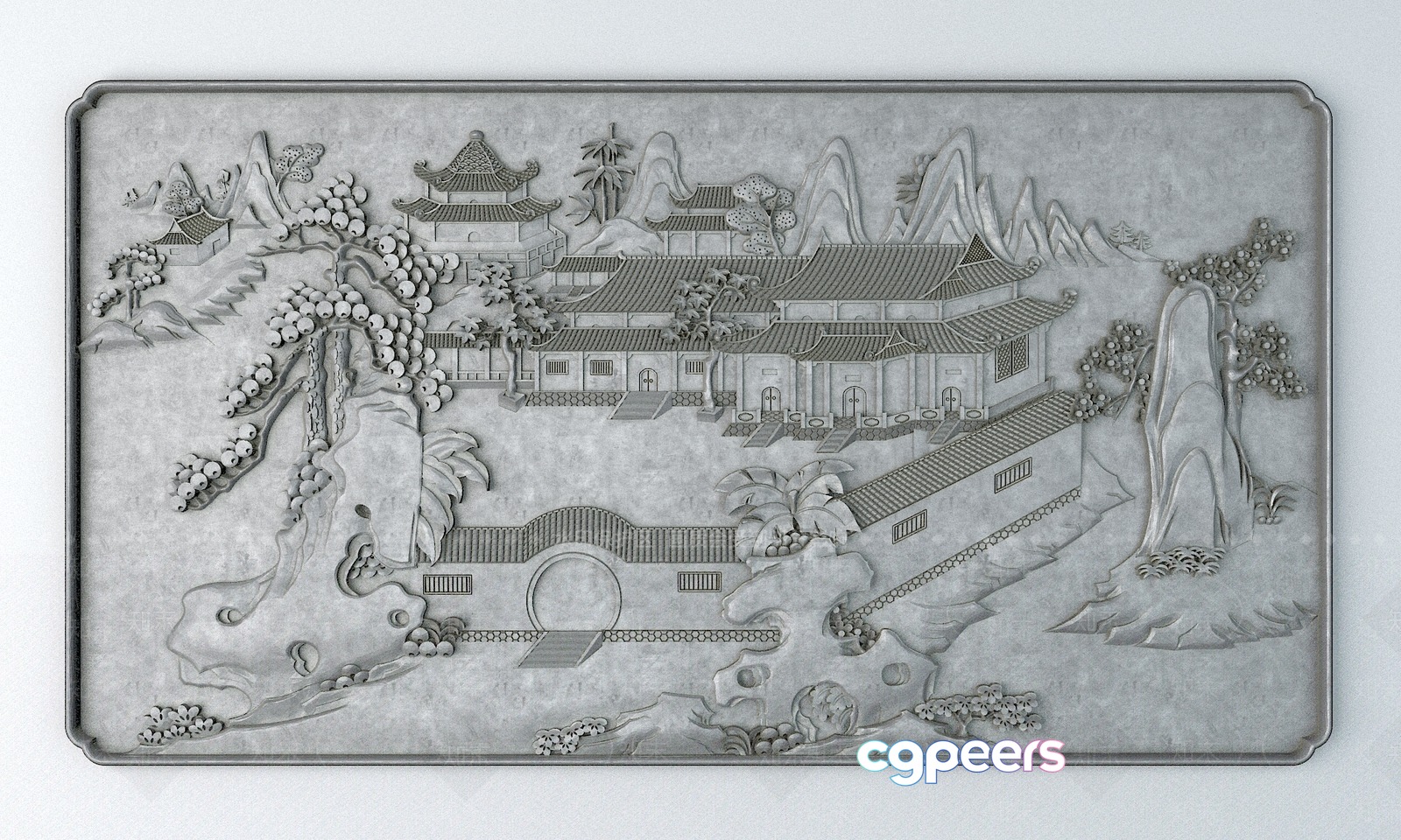 A Gray Stone Carving Of A Chinese Village 3D Model - 2336 - VRAY Render