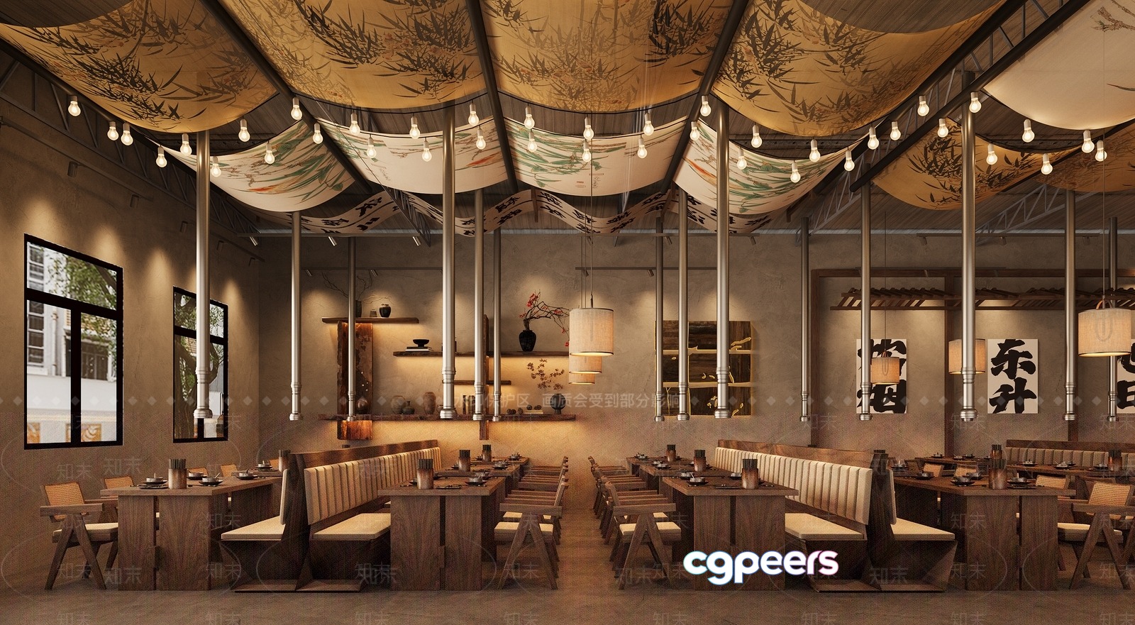 A Large Dining Room With Long Tables And Benches 3D Model - 12610 - CORONA Render