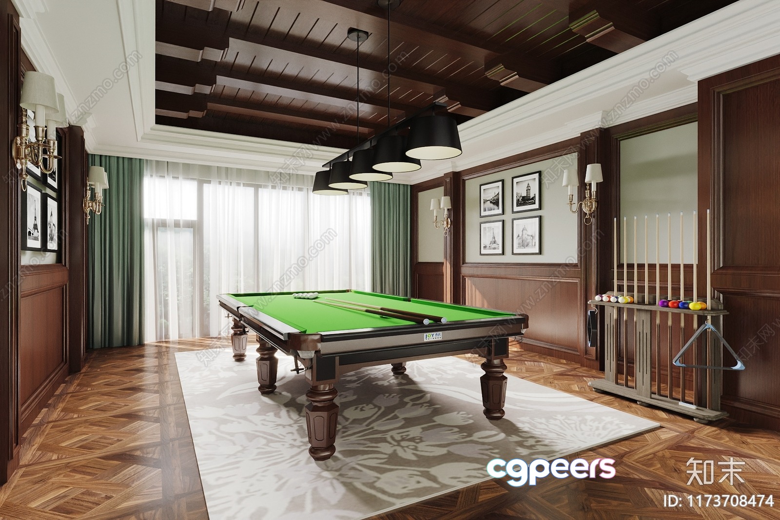 The Main Subject Is A Pool Table With Green Felt 3D Model - 1308 - VRAY Render