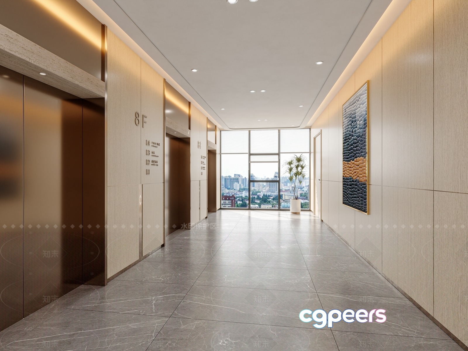 A Modern Hallway With Elevators 3D Model - 4216 - CORONA Render