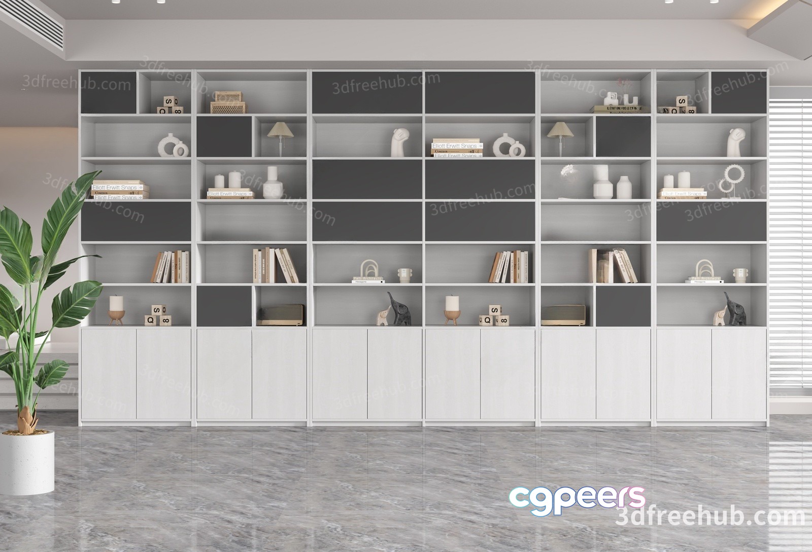 Modern Bookshelf With Decorative Items 3D Model - 20288 - VRAY Render