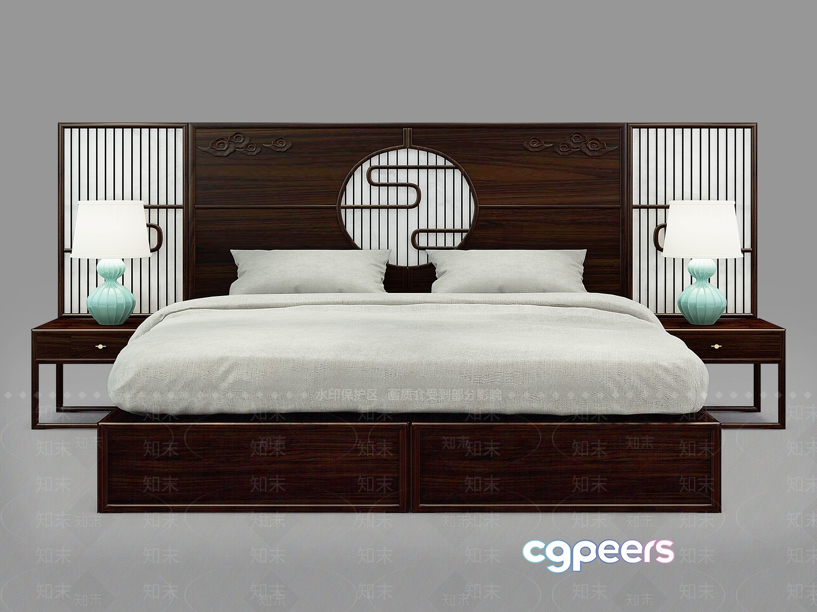 A Dark Wood Bed With A Circular Headboard 3D Model - 17708 - VRAY Render