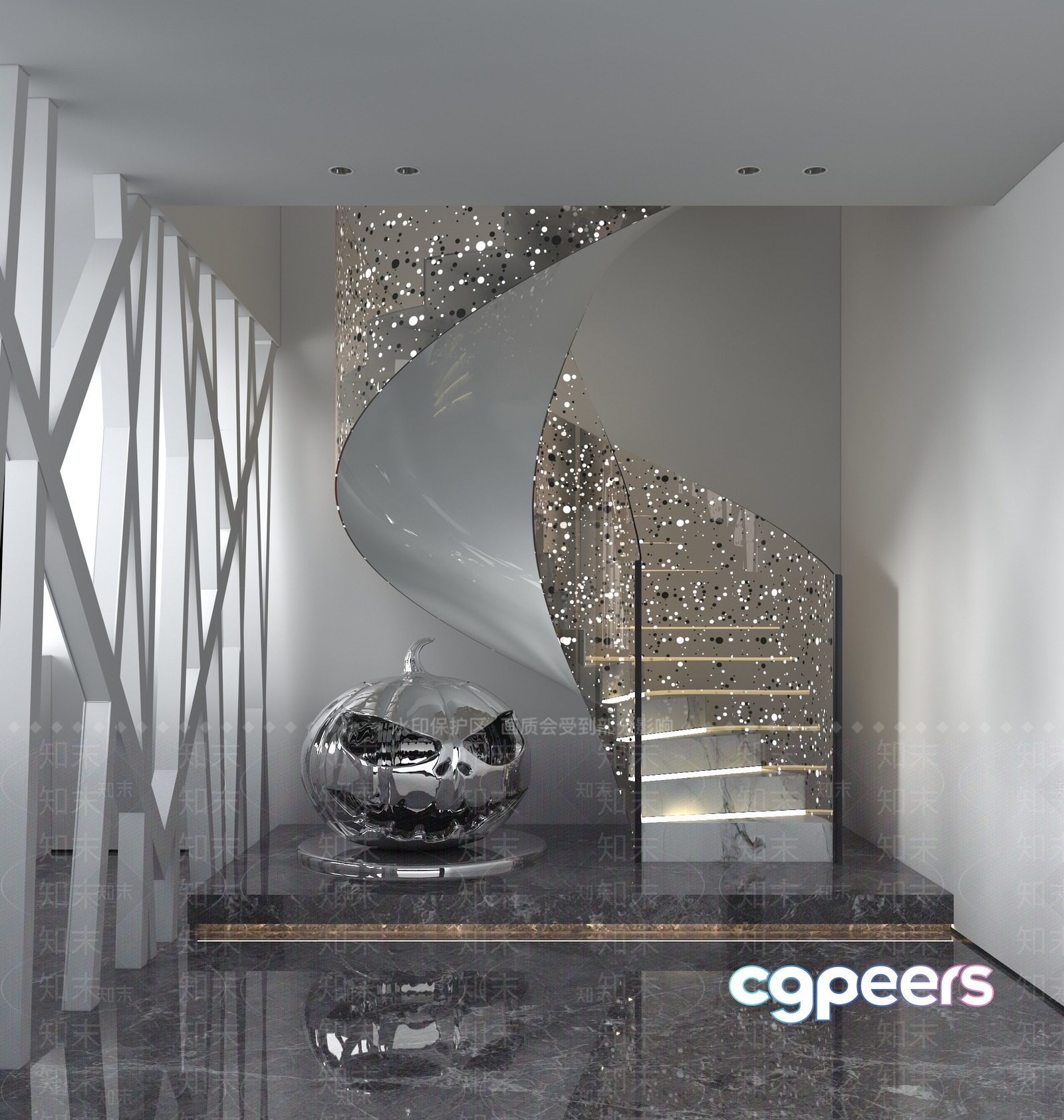 A Modern Spiral Staircase With A Silver Pumpkin Sculpture 3D Model - 12763 - VRAY Render A Modern Spiral Staircase With A Silver Pumpkin Sculpture 3D Model - 12763 - VRAY Render
