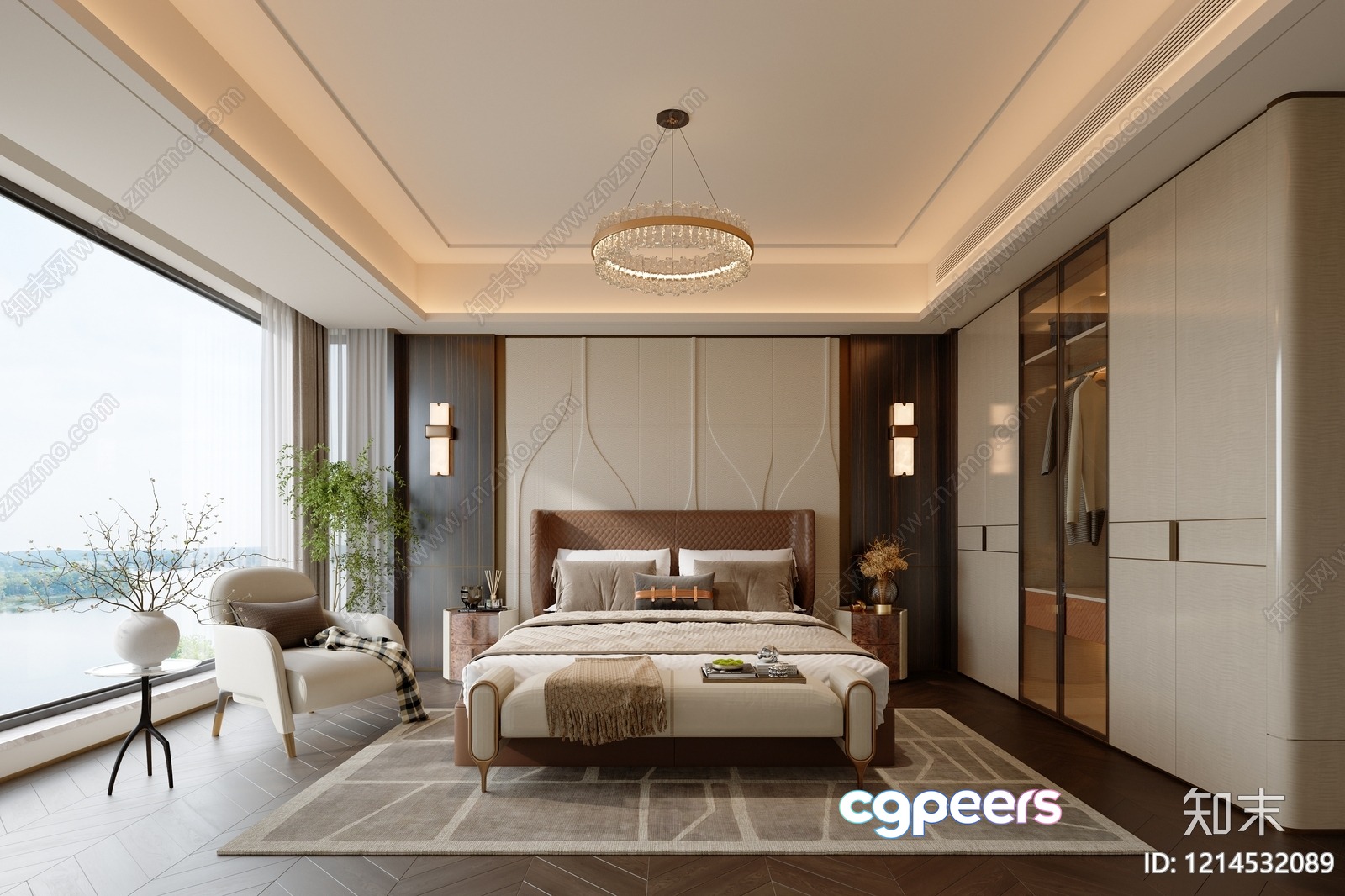 Modern Bedroom With A Bed And Closet 3D Model - 13754 - VRAY Render