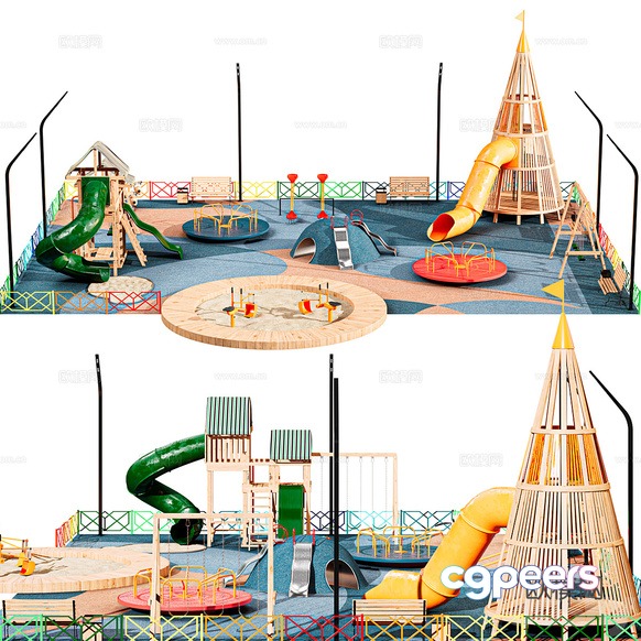 A Large Playground With Various Slides And Climbing Structures 3D Model - 9613 - CORONA Render