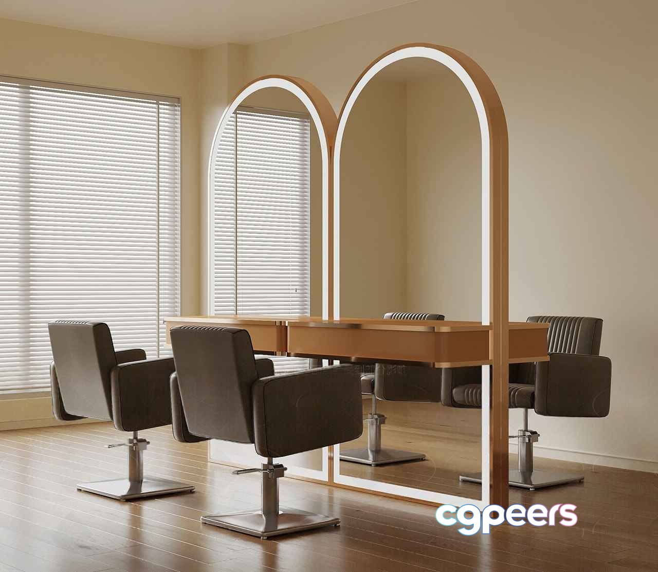 A Modern Salon With Large Mirrors And Brown Chairs 3D Model - 3697 - VRAY Render