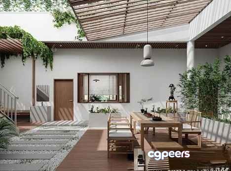 Modern Outdoor Dining Area 3D Model - 5273 - CORONA Render