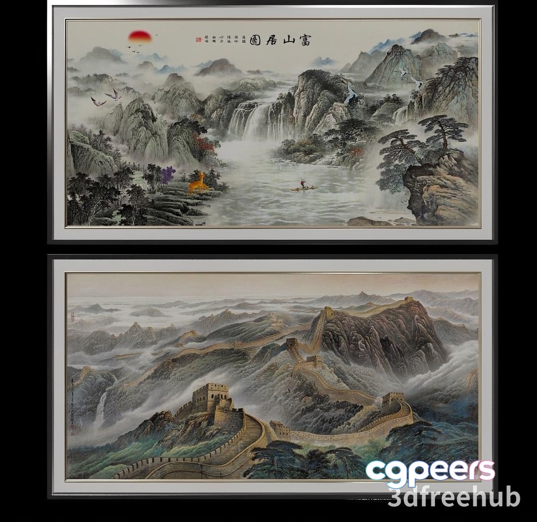 The Image Features Two Framed Paintings Of Mountains 3D Model - 22293 - VRAY Render