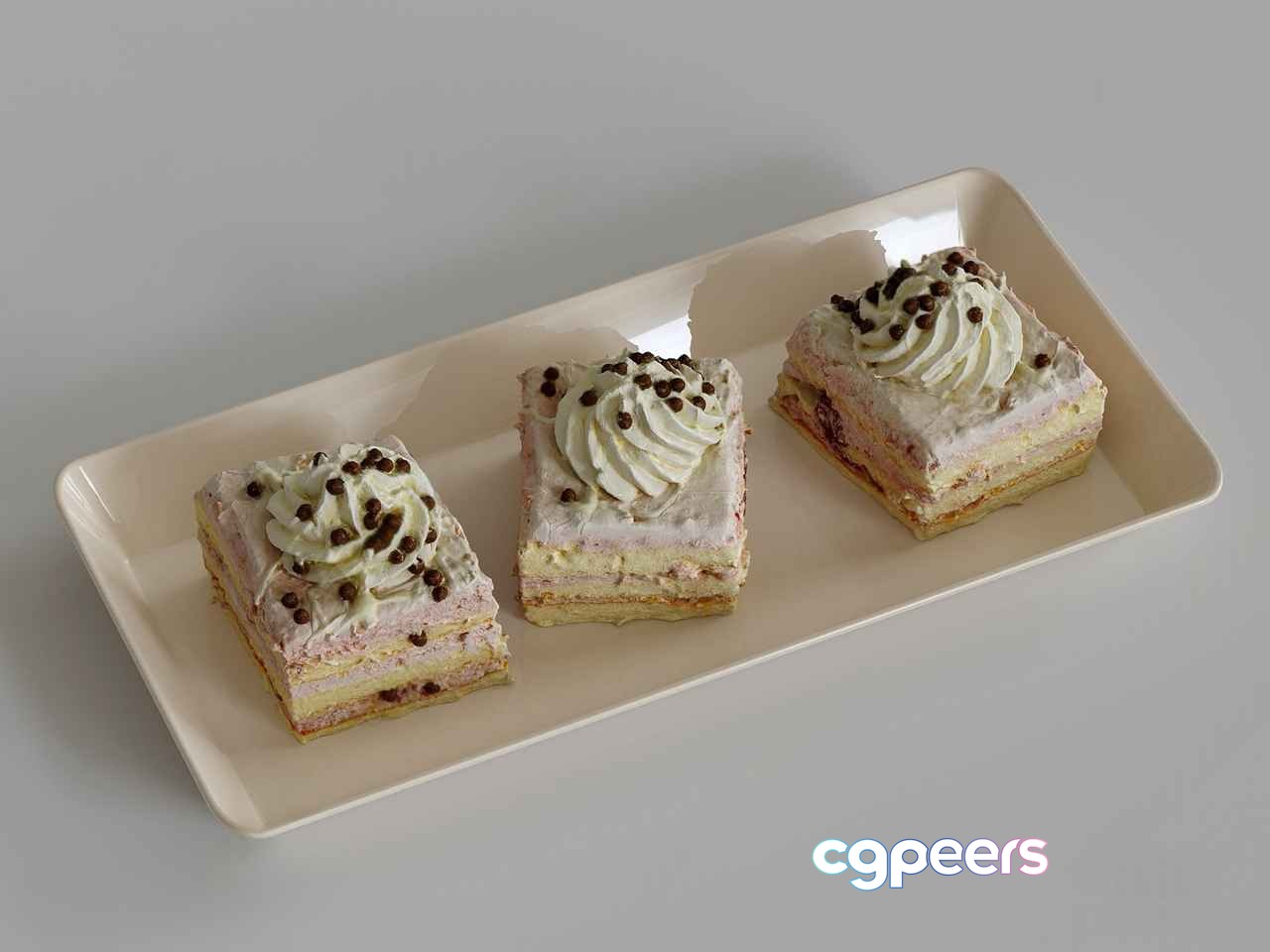 Three Square Desserts On A Plate 3D Model - 13078 - VRAY Render Three Square Desserts On A Plate 3D Model - 13078 - VRAY Render