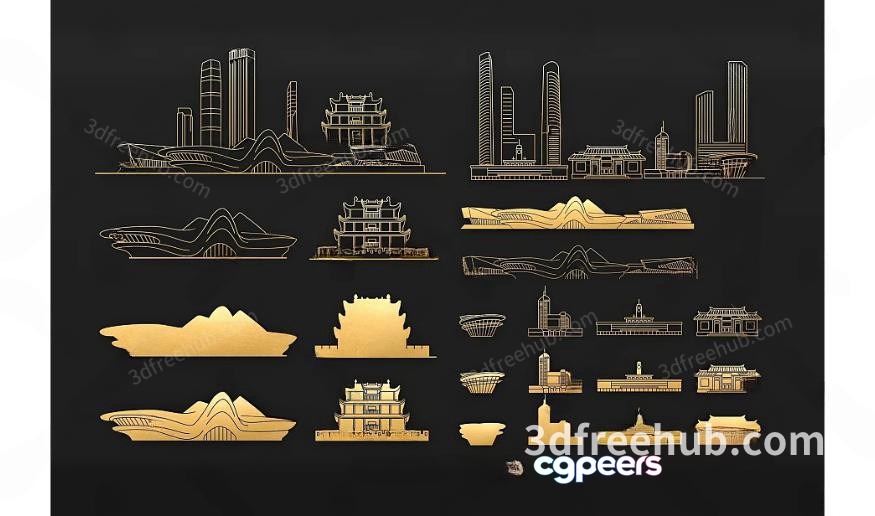 The Image Features A Collection Of 3D Buildings In Gold Showcasing Various 3D Model - 21296 - VRAY Render