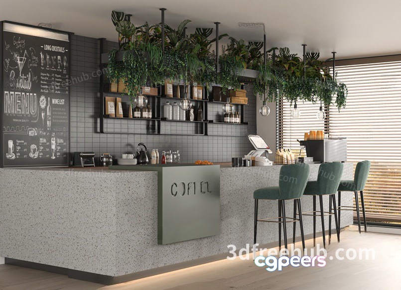 Modern Coffee Shop Interior 3D Model - 19669 - VRAY Render