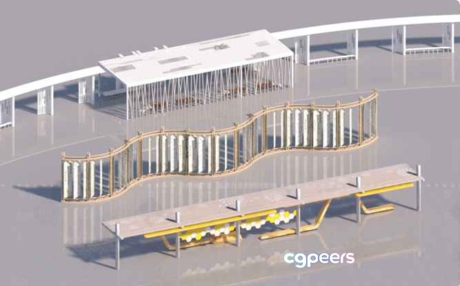 A 3D Rendering Of A Building With A Curved Roof And A Yellow 3D Model - 10010 - VRAY Render