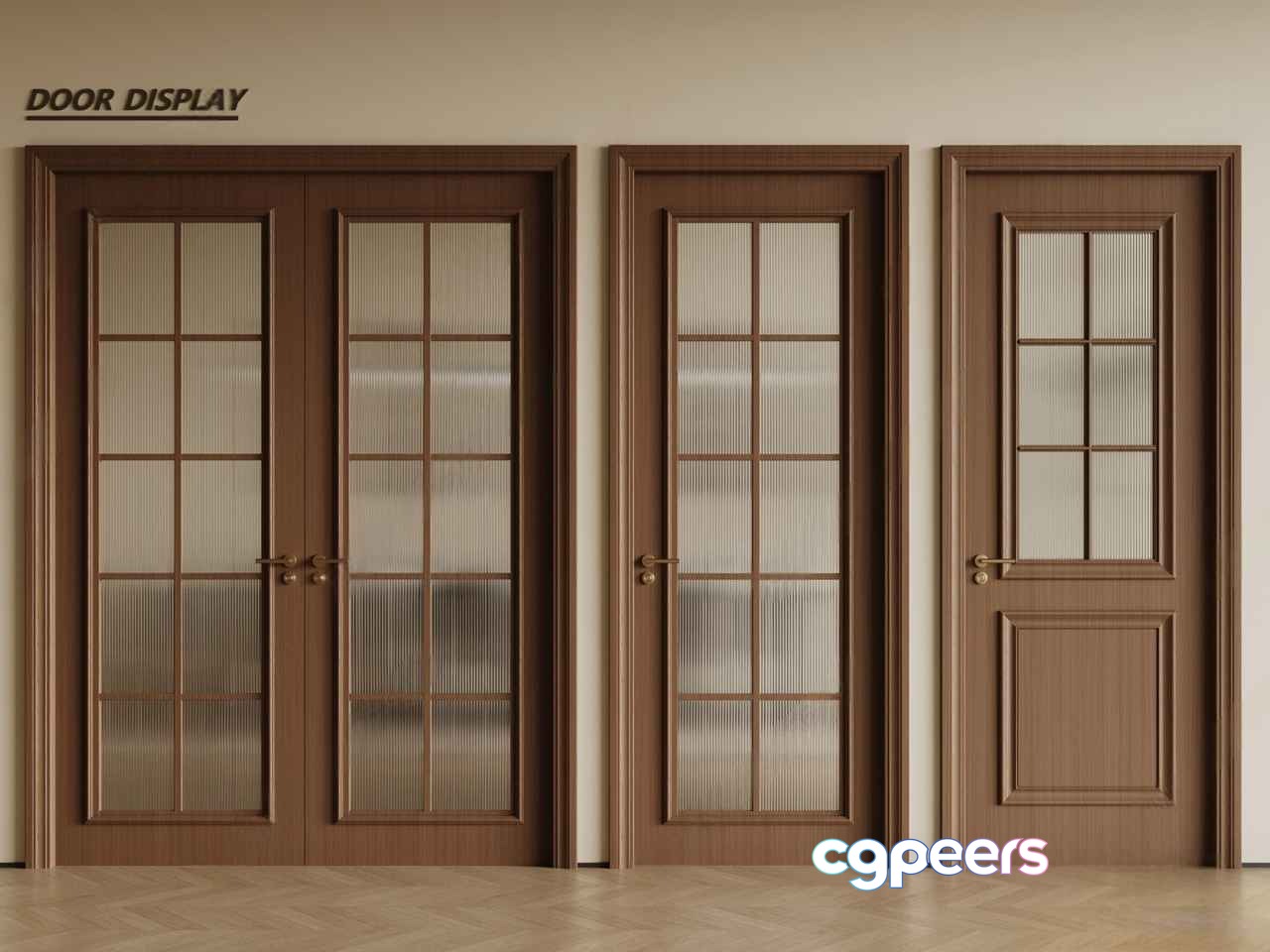 Three Wooden Doors With Glass Panels 3D Model - 1319 - VRAY Render