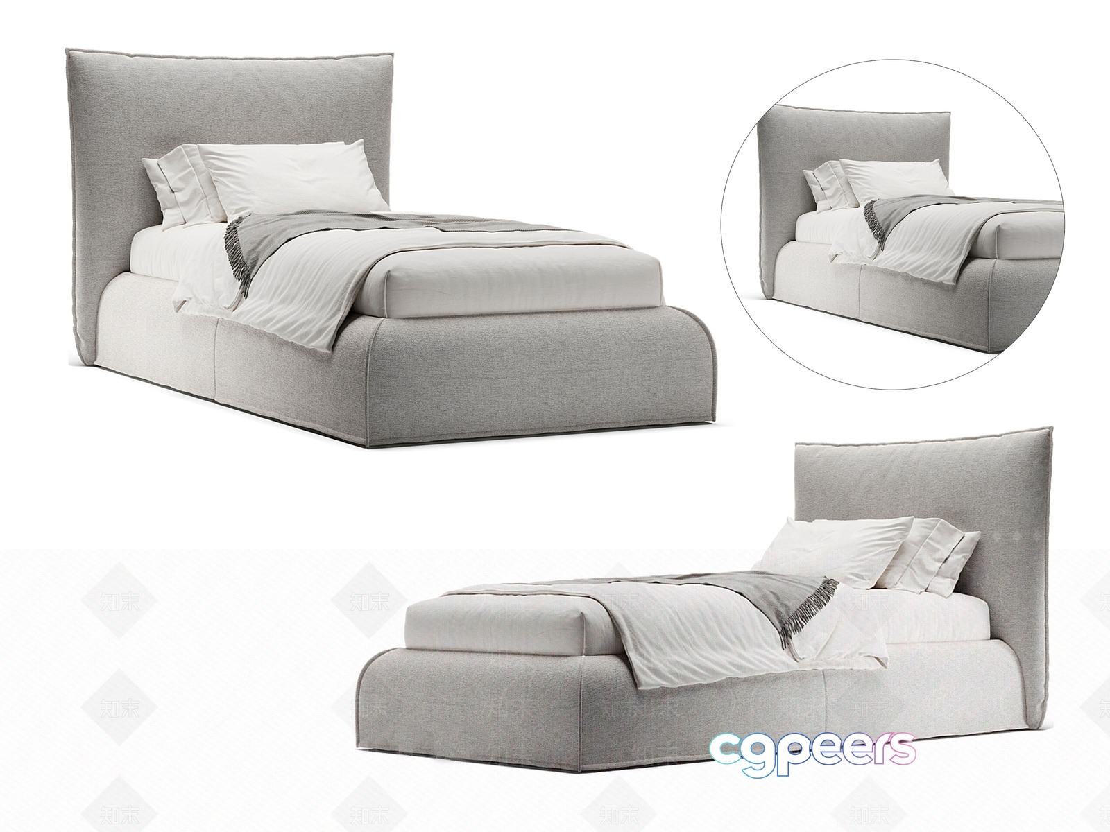 A Gray Upholstered Bed 3D Model - 10871 - VRAY Render