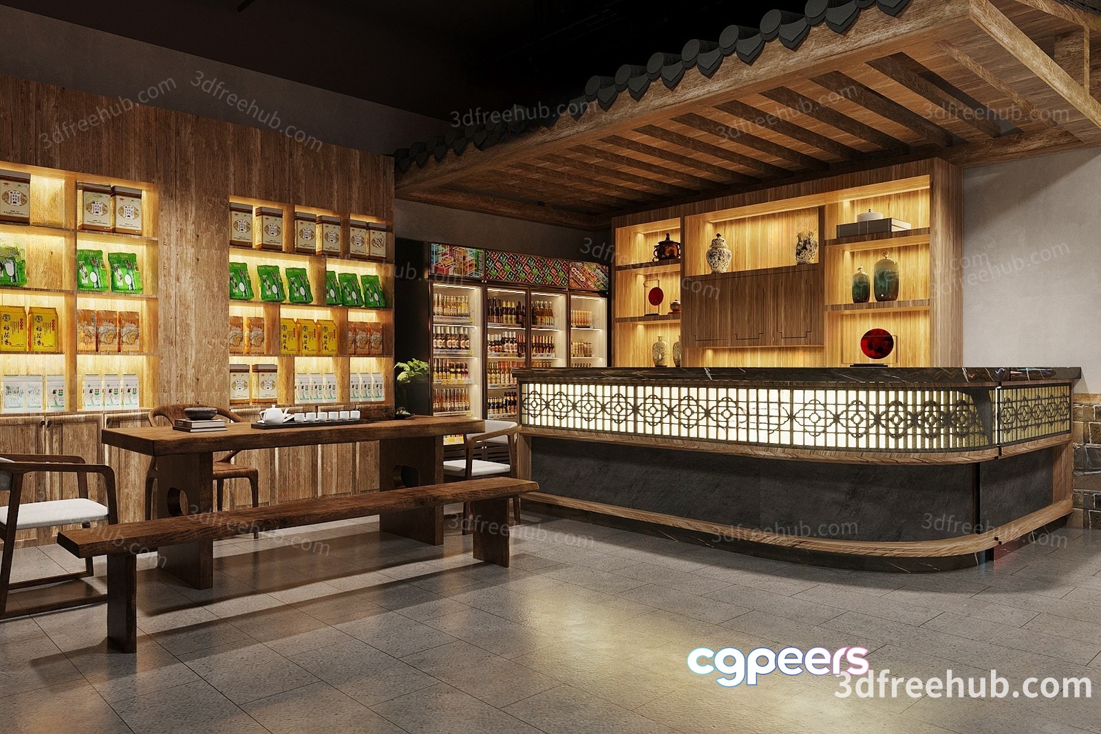 Wooden Bar Area 3D Model - 18644 - VRAY Render