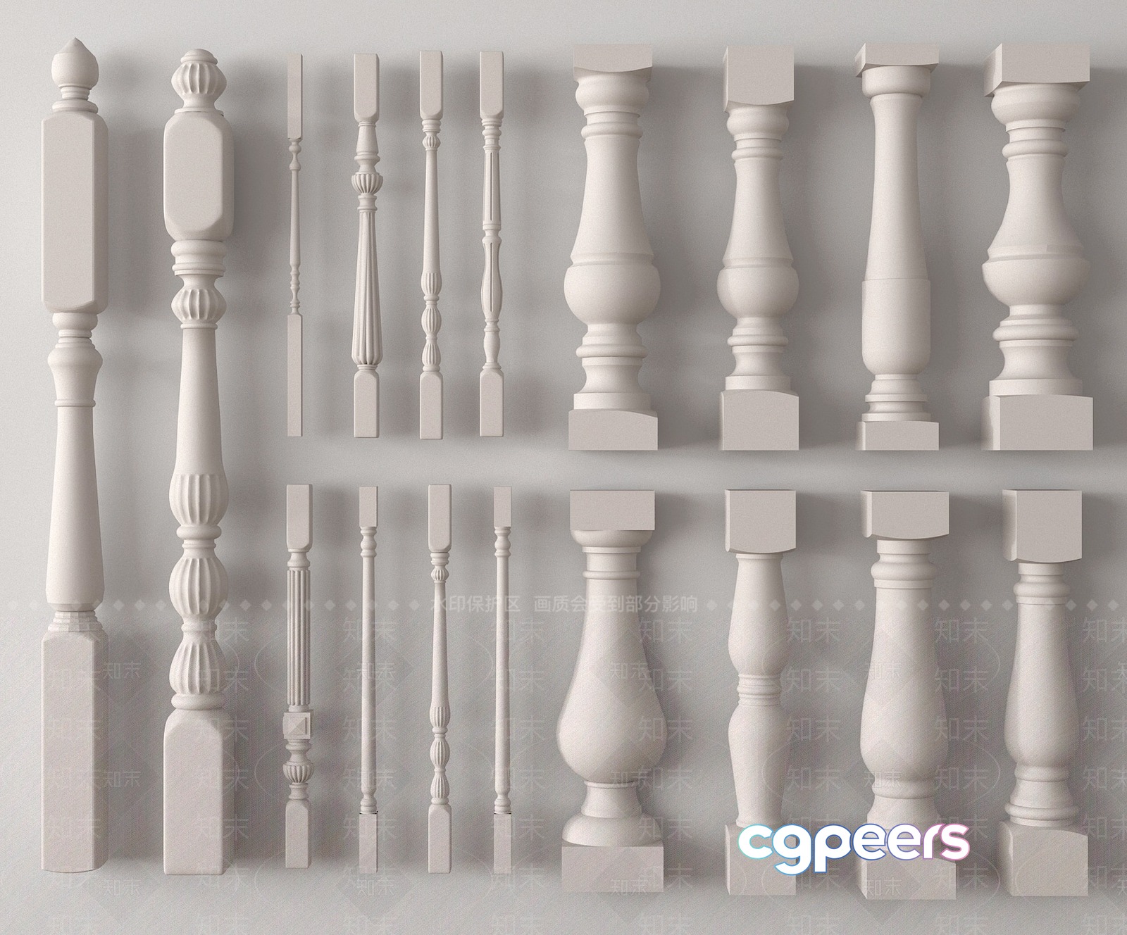 A Collection Of White Balusters 3D Model - 8868 - VRAY Render