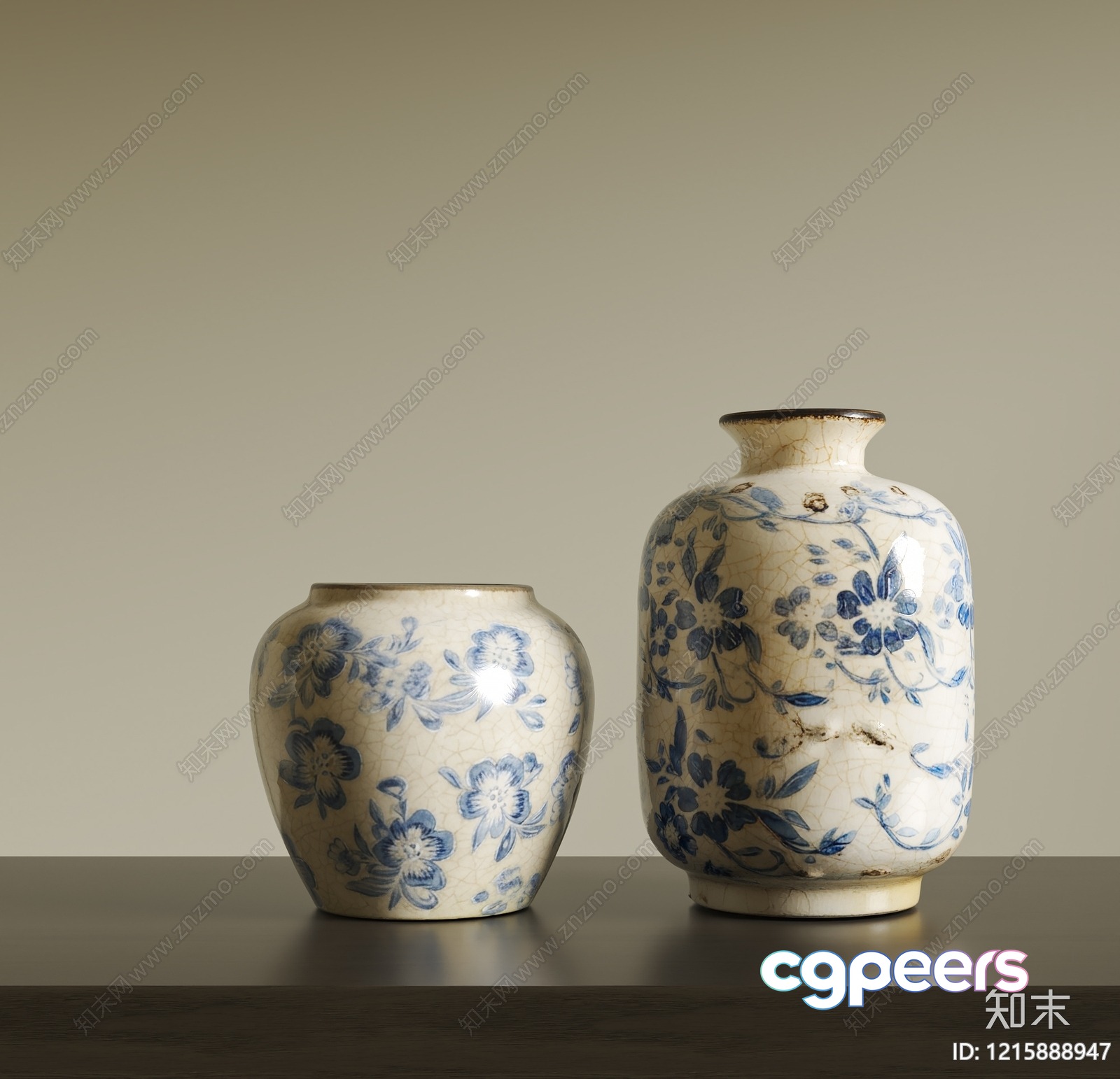 Two Vases With Blue Floral Designs 3D Model - 13524 - VRAY Render Two Vases With Blue Floral Designs 3D Model - 13524 - VRAY Render