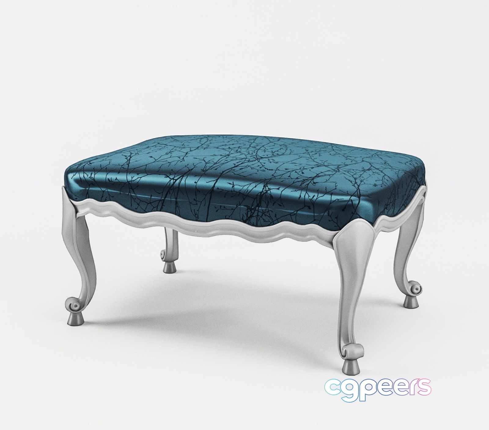 A Small Ornate Stool With A Blue Seat And White Legs 3D Model - 2441 - VRAY Render