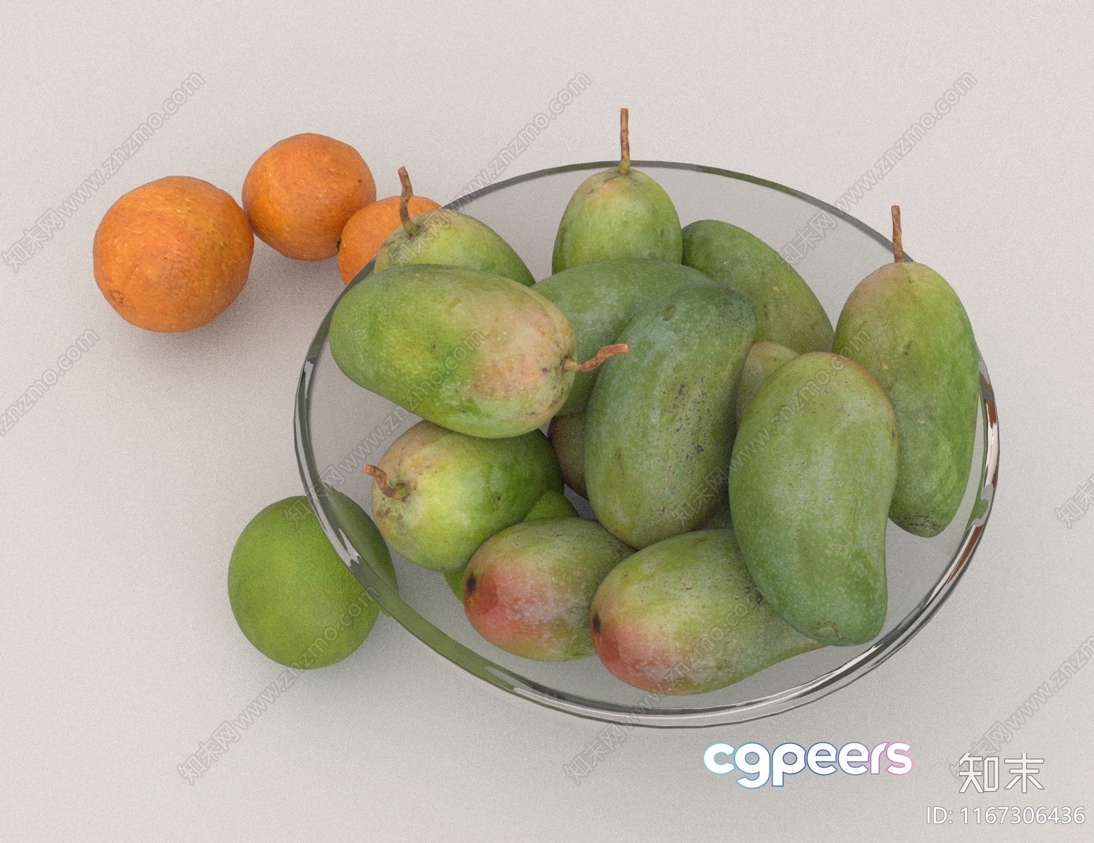 A Glass Bowl With Green And Orange Fruit 3D Model - 13998 - VRAY Render