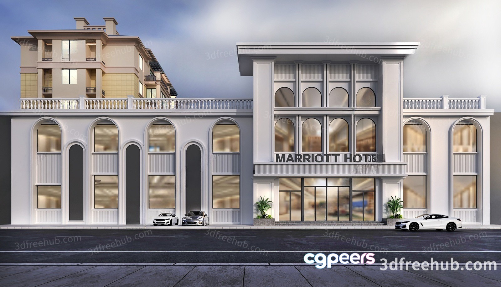 A Marriott Hotel Building With Cars Parked In Front 3D Model - 20779 - VRAY Render A Marriott Hotel Building With Cars Parked In Front 3D Model - 20779 - VRAY Render