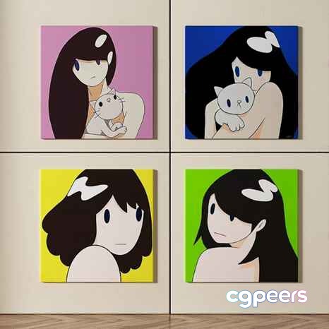 Four Cartoon Paintings Of Women Holding Cats 3D Model - 18110 - VRAY Render Four Cartoon Paintings Of Women Holding Cats 3D Model - 18110 - VRAY Render