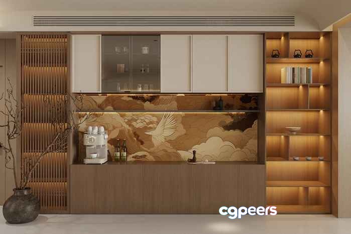 Modern Asian-Inspired Shelving Unit 3D Model - 9306 - CORONA Render Modern Asian-Inspired Shelving Unit 3D Model - 9306 - CORONA Render
