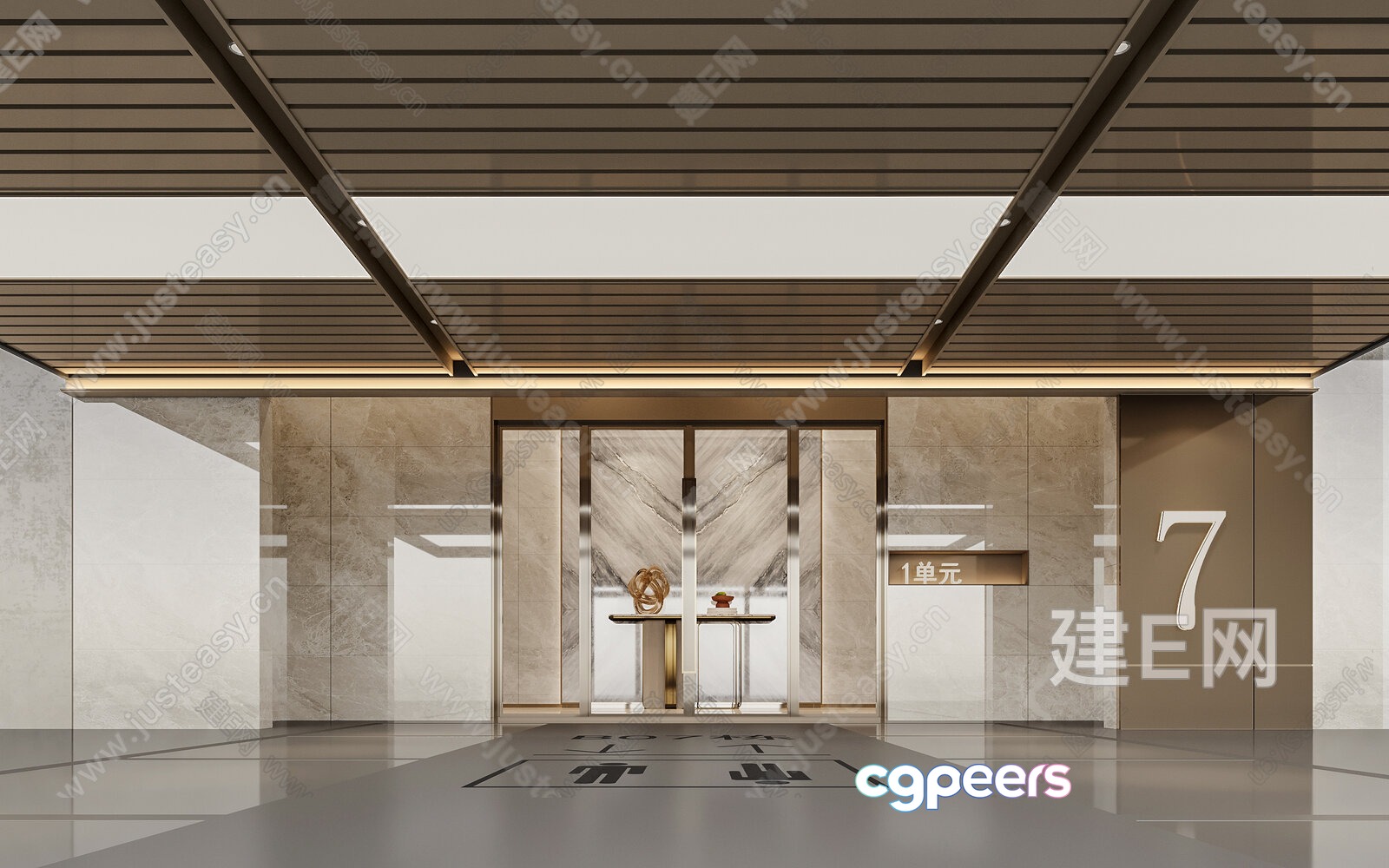 Modern Lobby With A Large Glass Door 3D Model - 6473 - VRAY Render