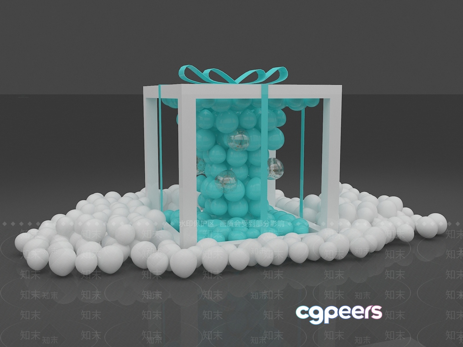 The Image Features A White Gift Box With A Blue Ribbon Surrounded By White 3D Model - 3474 - VRAY Render