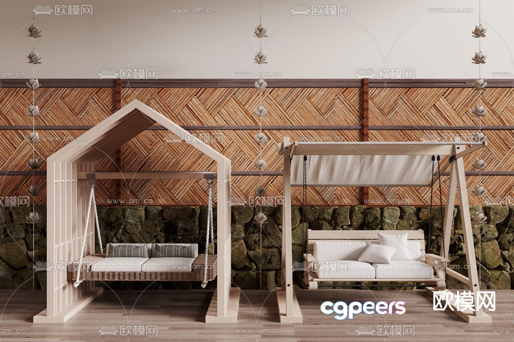 A Wooden Swing With A White Cushion 3D Model - 19526 - VRAY Render