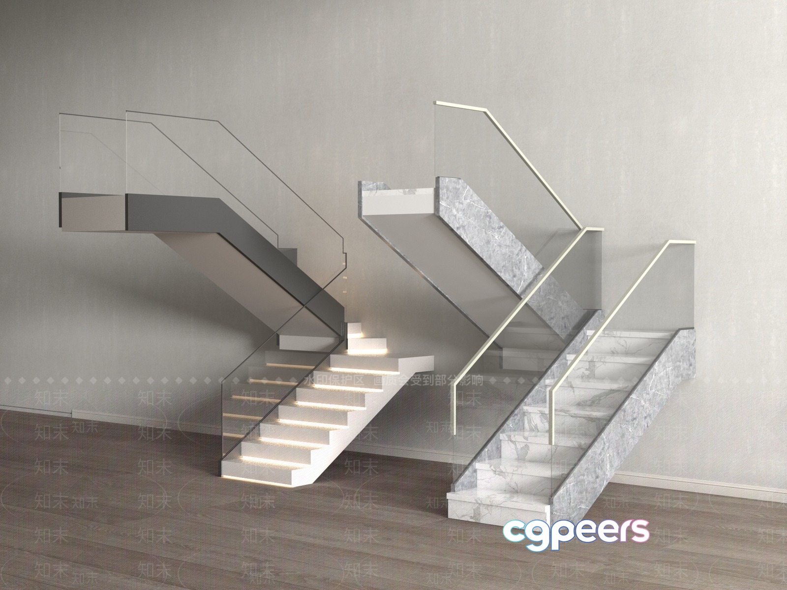 Modern Staircase With Glass Railing 3D Model - 4231 - VRAY Render