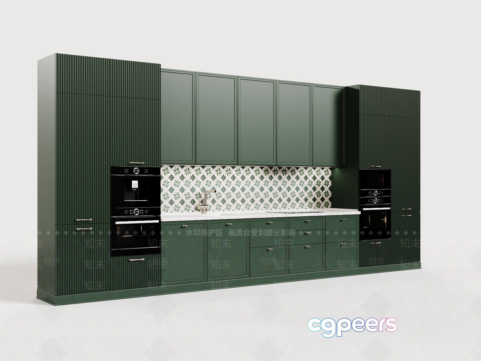 Modern Kitchen With Green Cabinets 3D Model - 19219 - VRAY Render