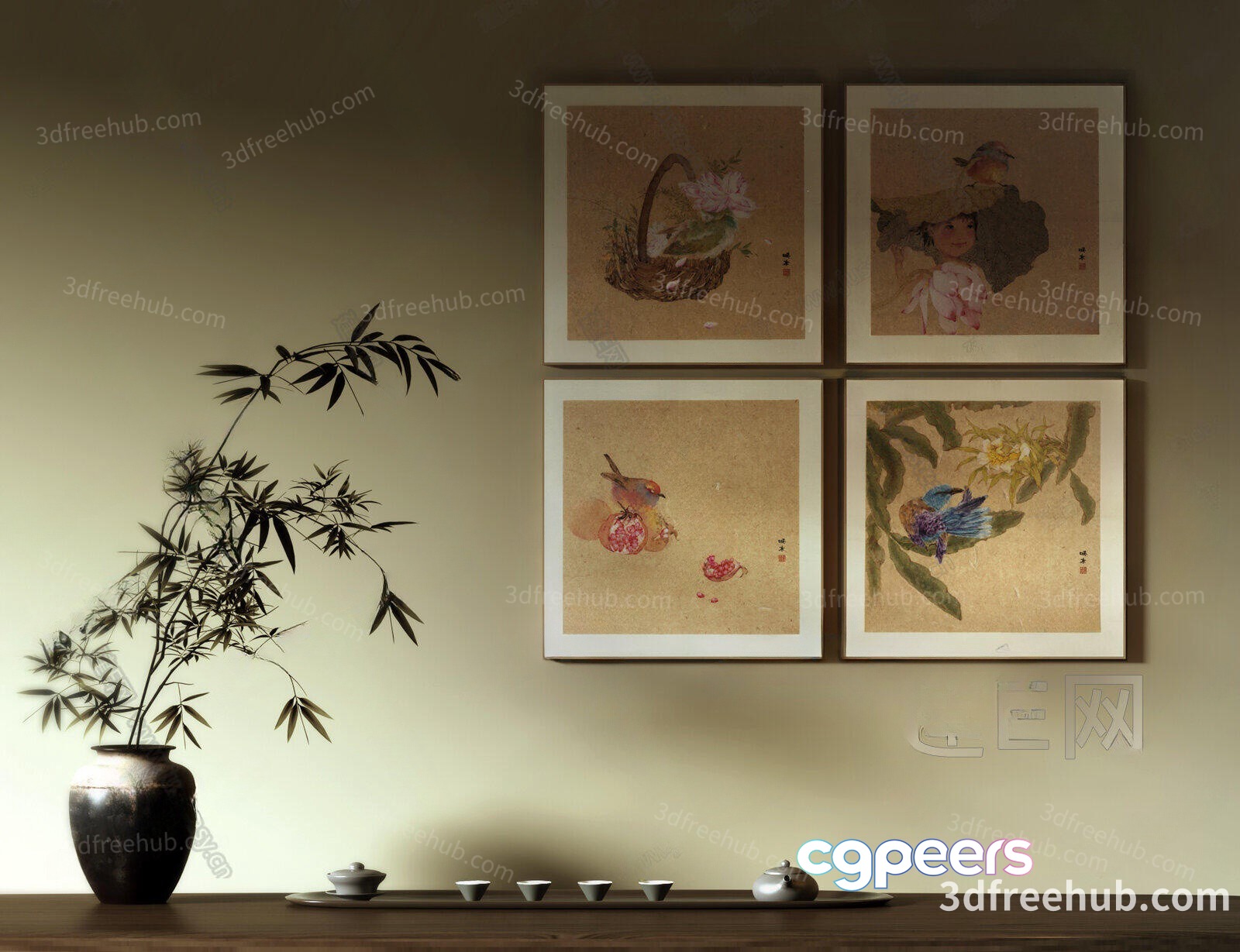 A Collection Of Framed Asian-Style Art 3D Model - 22889 - VRAY Render