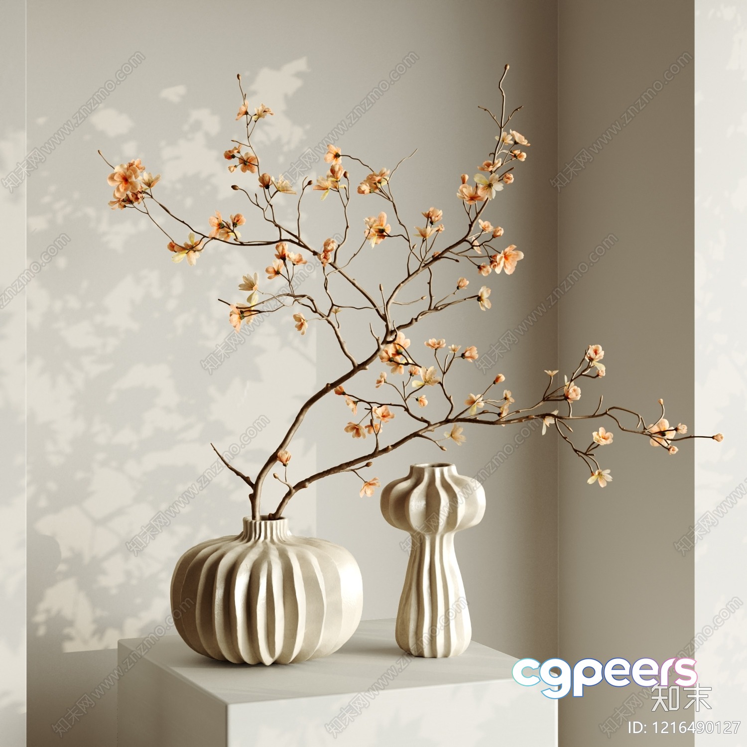 A Beige Vase With A Floral Branch 3D Model - 13450 - VRAY Render