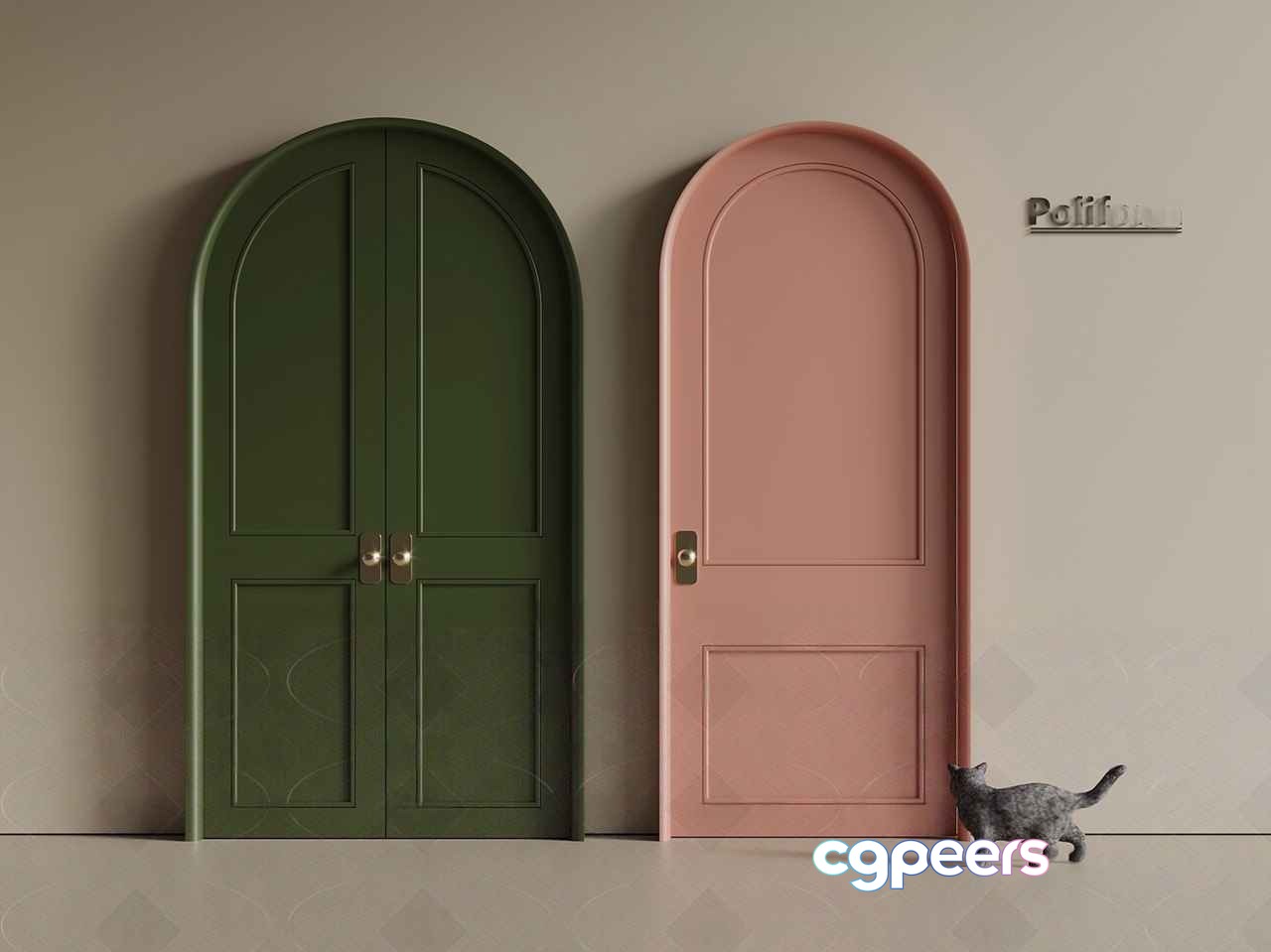 A Cat Standing In Front Of Two Doors 3D Model - 19766 - VRAY Render
