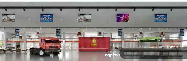 A Large Room With A Red Truck And Various Posters On The Ceiling 3D Model - 2457 - VRAY Render A Large Room With A Red Truck And Various Posters On The Ceiling 3D Model - 2457 - VRAY Render