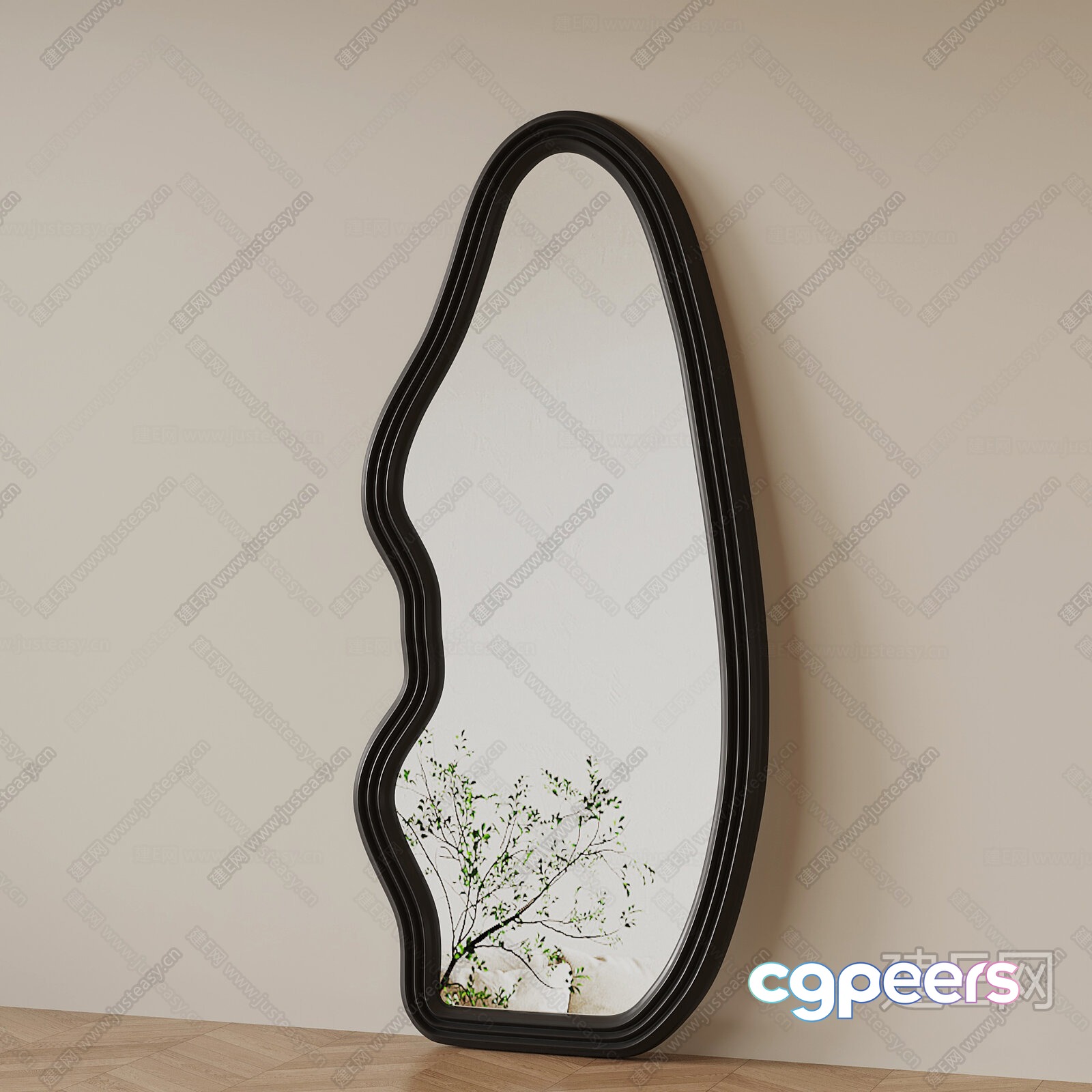 A Black Wavy-Framed Mirror With A Tree Branch Reflection 3D Model - 6053 - VRAY Render
