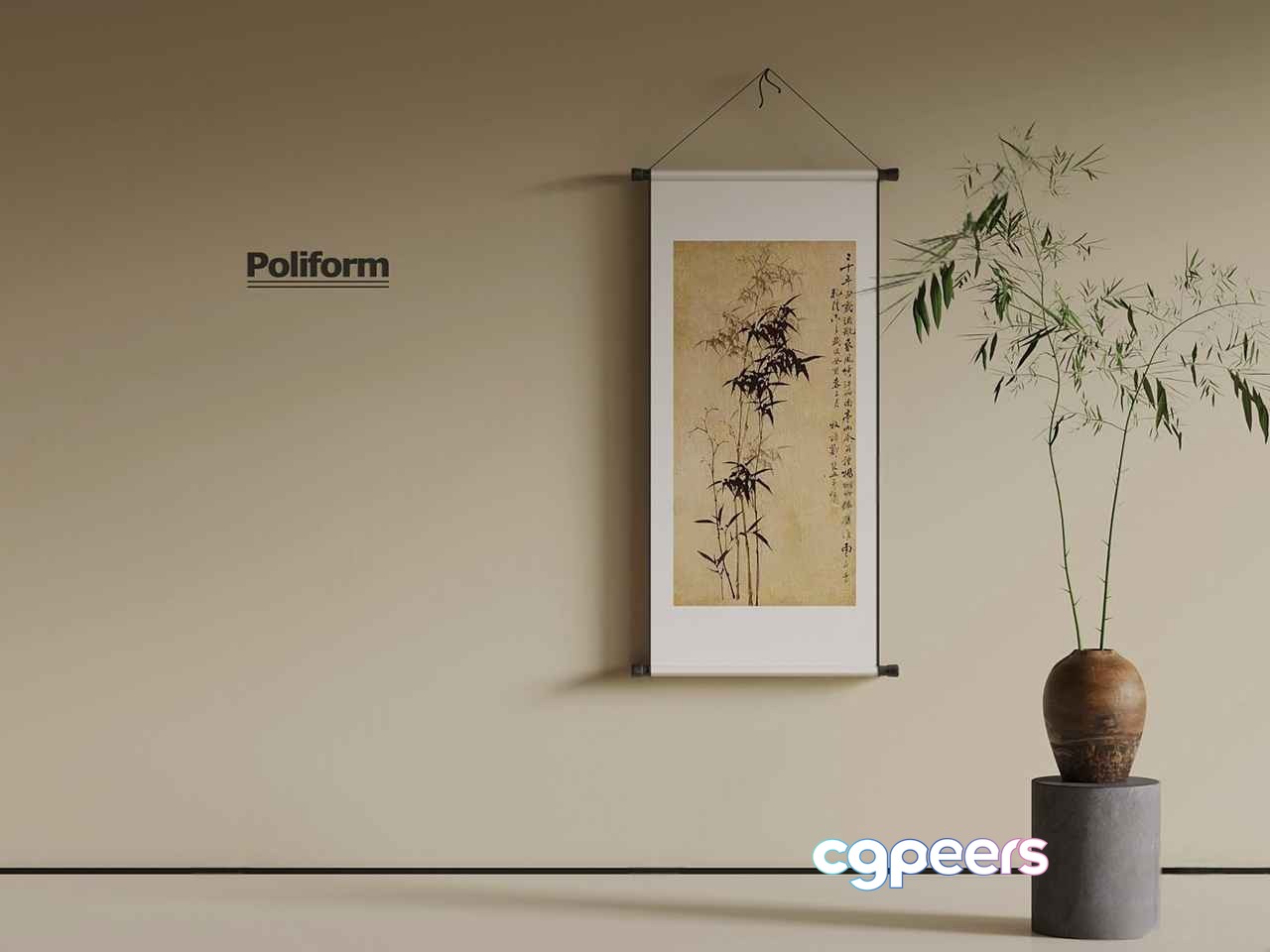 A Minimalist Room With A Hanging Scroll And A Vase 3D Model - 1802 - VRAY Render A Minimalist Room With A Hanging Scroll And A Vase 3D Model - 1802 - VRAY Render