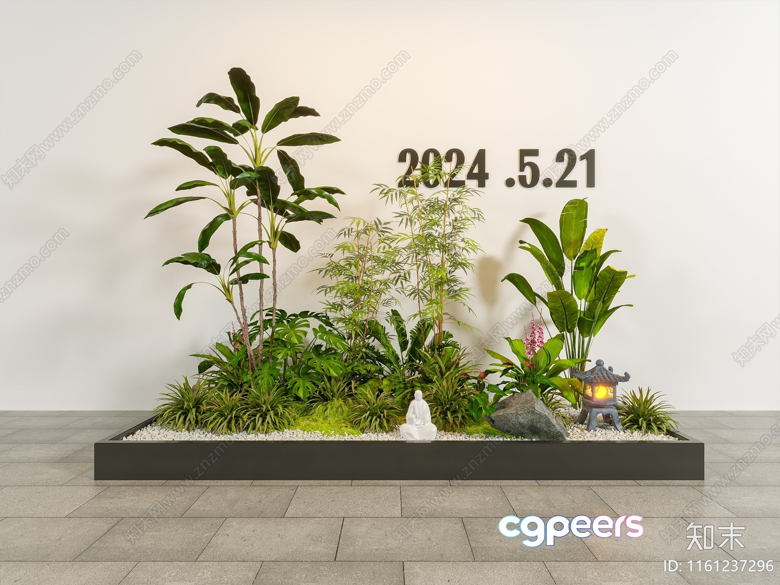 A Zen Garden With A Statue And Plants 3D Model - 16804 - VRAY Render
