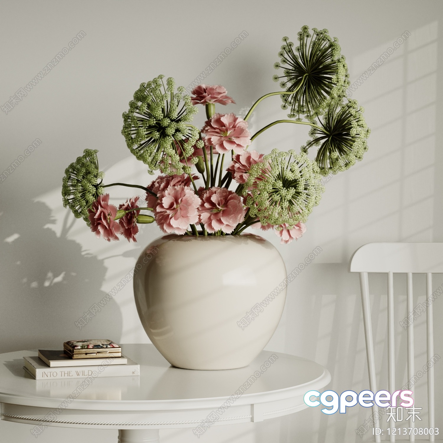 A White Vase With Pink And Green Flowers 3D Model - 6925 - VRAY Render