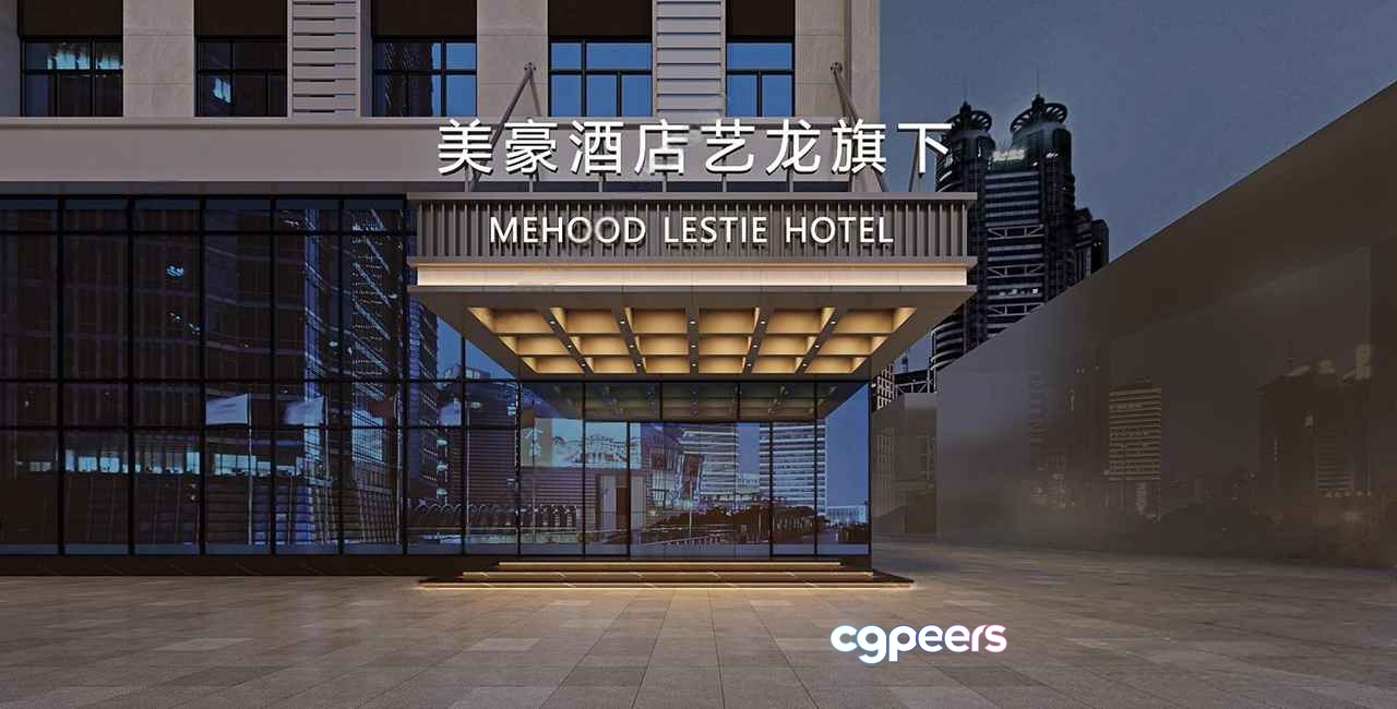 A Hotel Entrance With A Sign 3D Model - 9840 - VRAY Render A Hotel Entrance With A Sign 3D Model - 9840 - VRAY Render