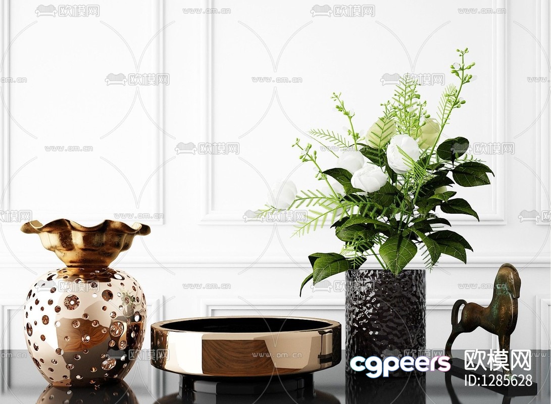 The Image Showcases A Collection Of Decorative Vases And A Bronze Horse Statue 3D Model - 3014 - VRAY Render