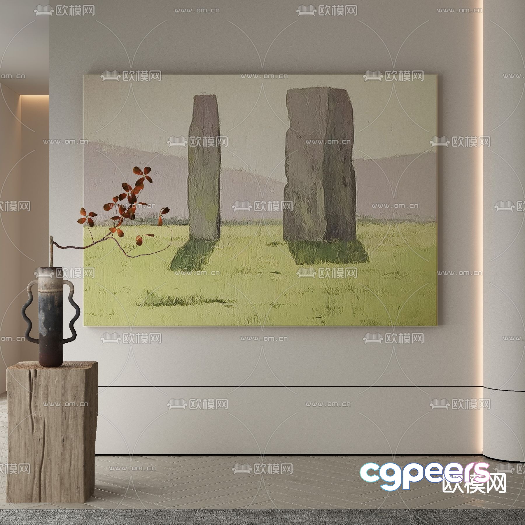 A Painting Of Two Stone Pillars 3D Model - 13629 - VRAY Render A Painting Of Two Stone Pillars 3D Model - 13629 - VRAY Render