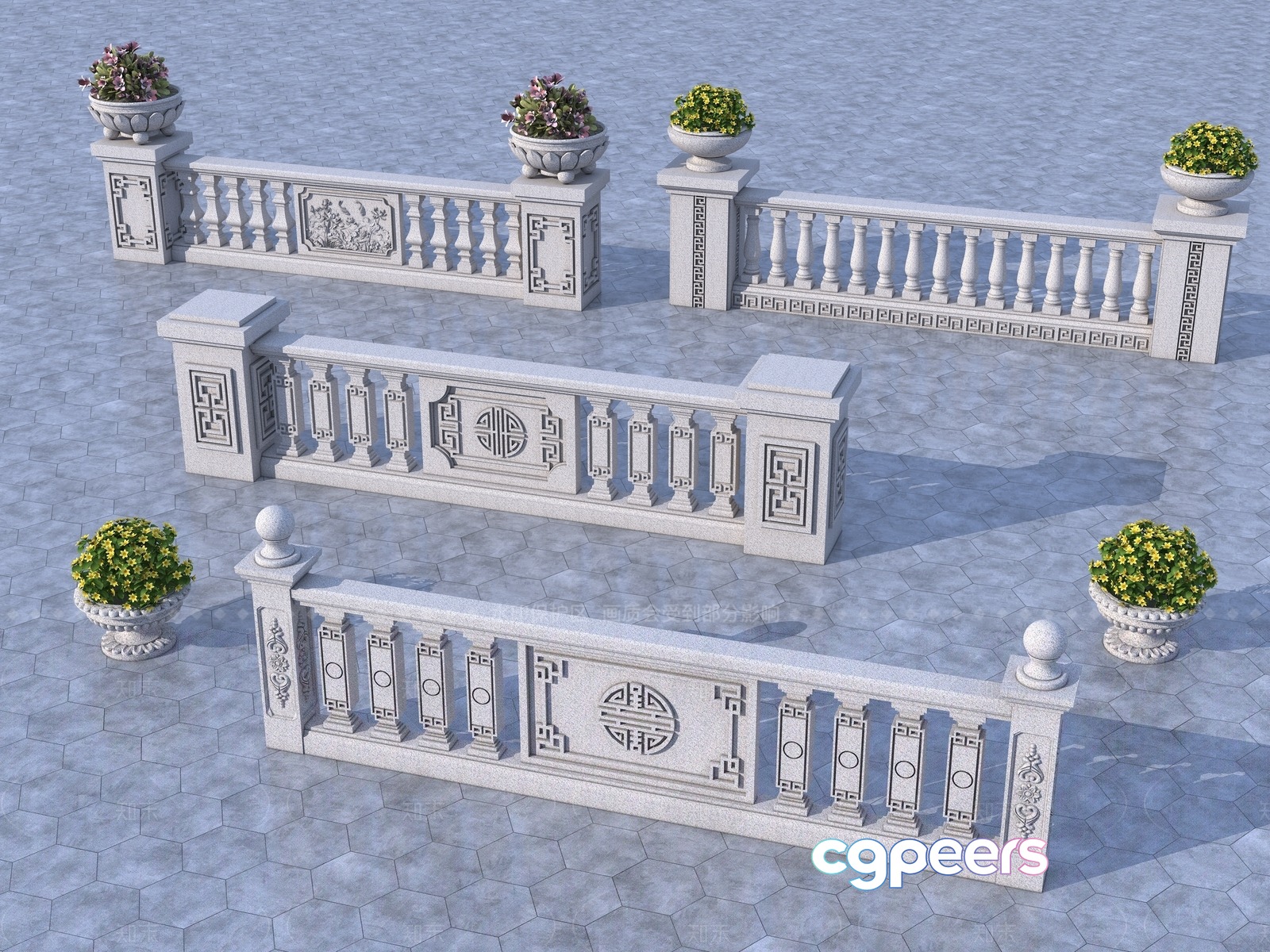 A Set Of White Stone Railings 3D Model - 18048 - VRAY Render