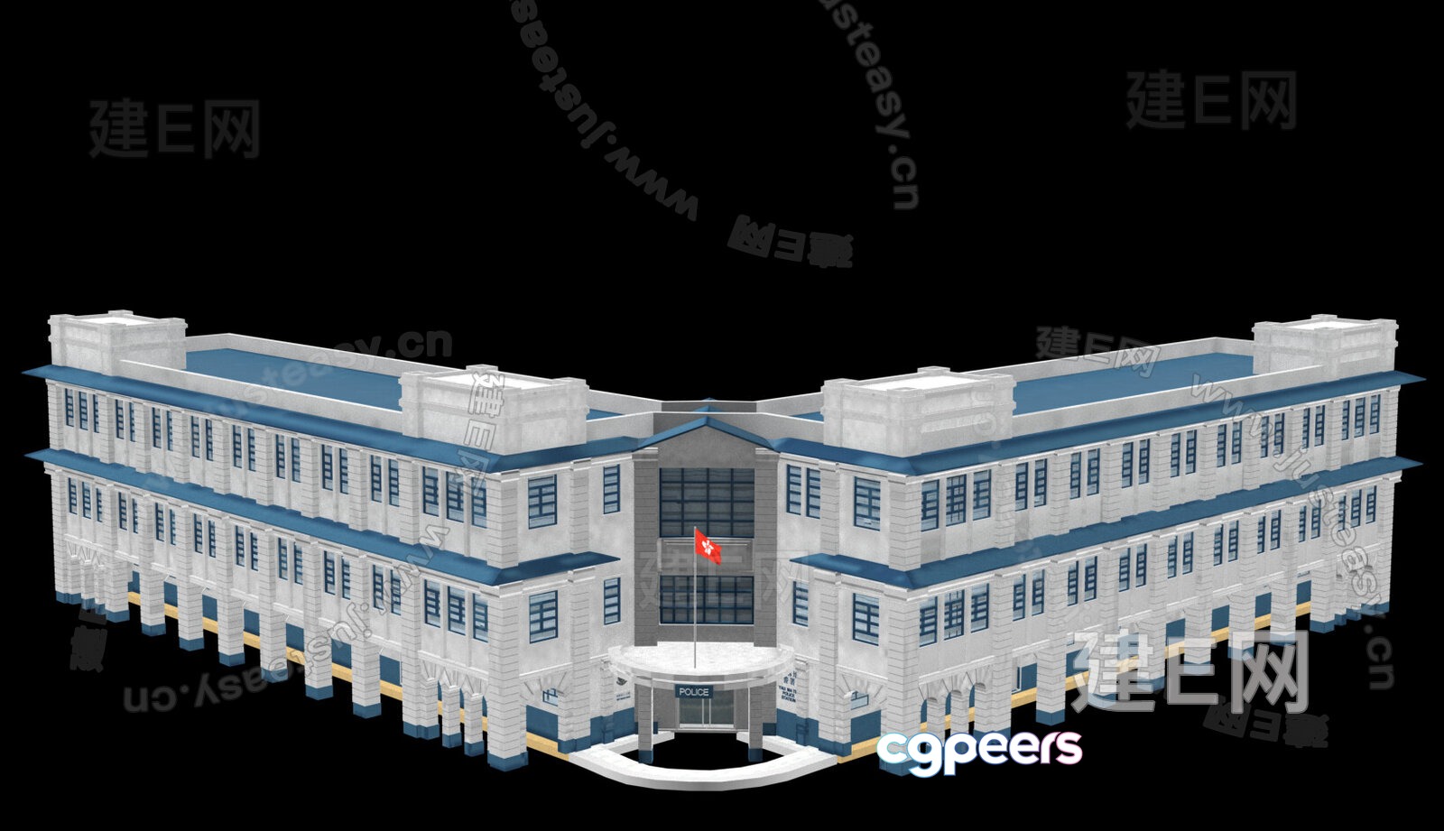 A Large White Building With A Blue Roof 3D Model - 1286 - VRAY Render